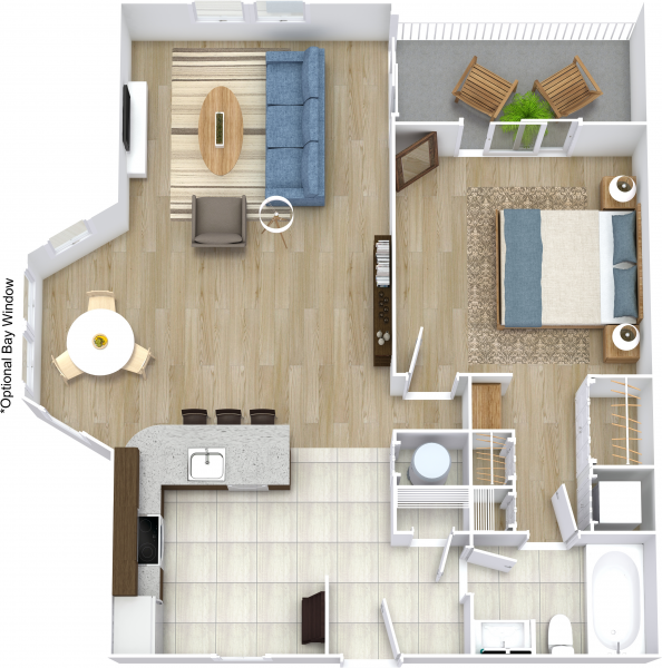 Floor plan for 1 bed, 1 bath, 750 sqft